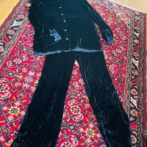 J Brand Black Velvet Women's Wide Leg Pants & Shirt Pajama Set